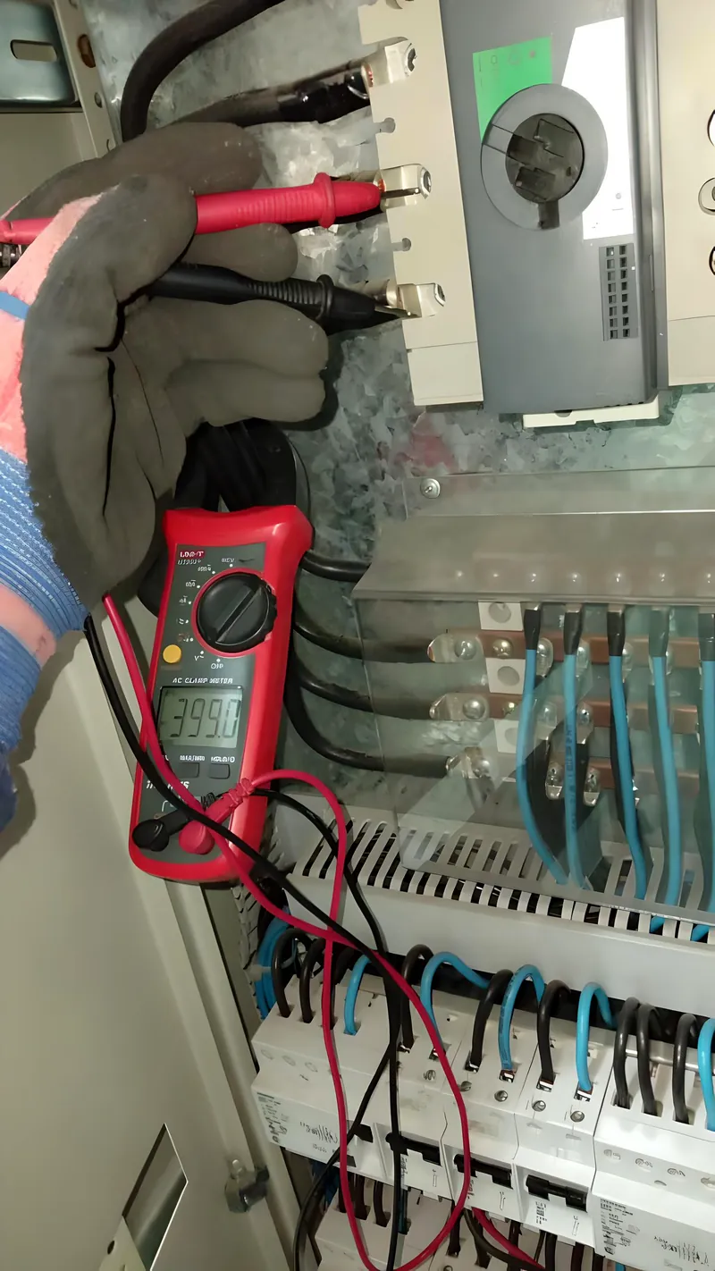 Medición con pinza amperométrica y guantes dieléctricos en un tablero eléctrico